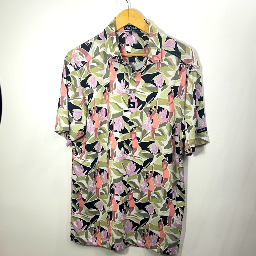 Bad Birdie Men’s Hula Girls Hawaiian aloha golf polo size large.